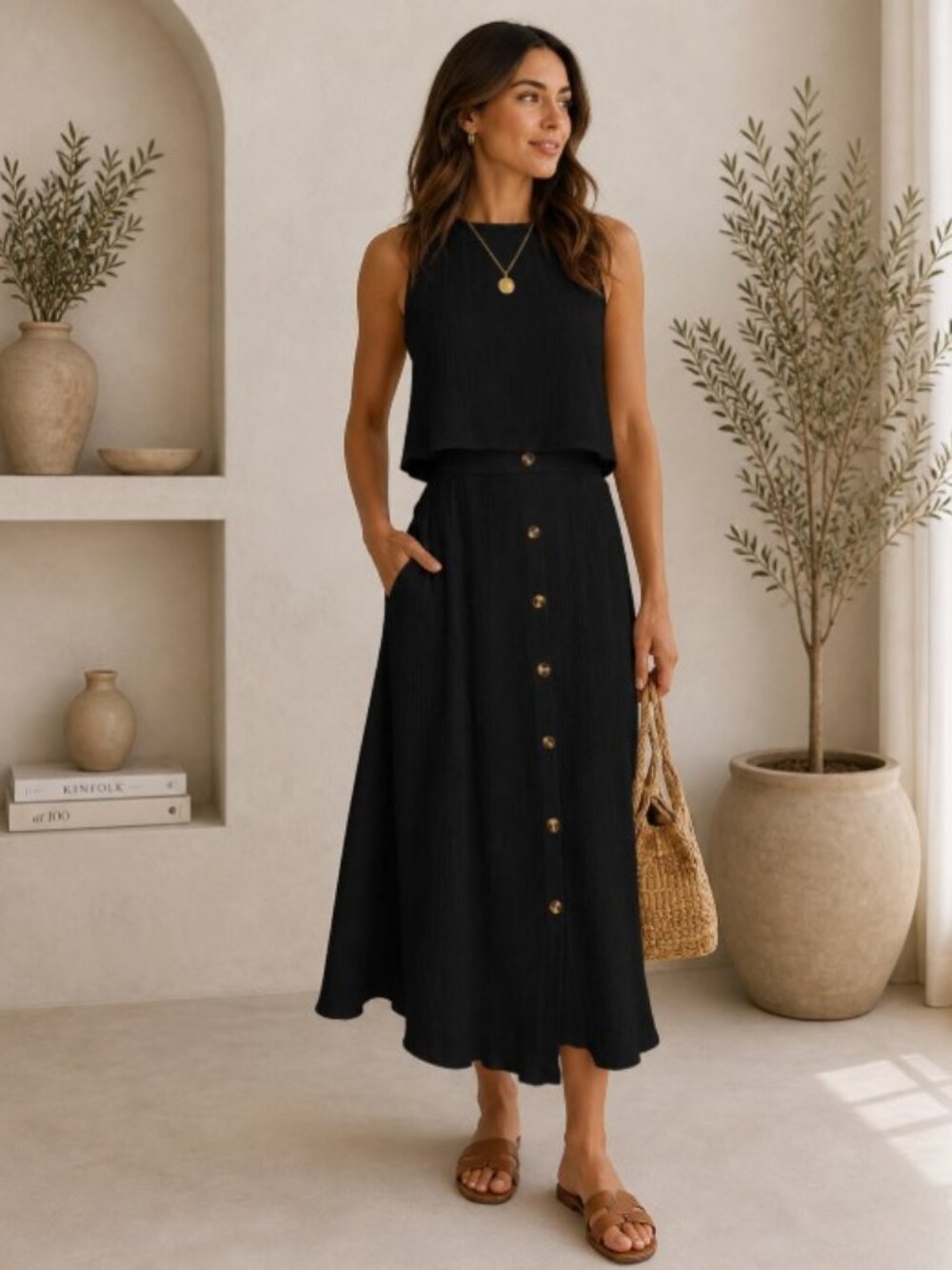 Black Two-Piece Set Button Midi Skirt & Sleeveless Top | Effortless Summer Chic